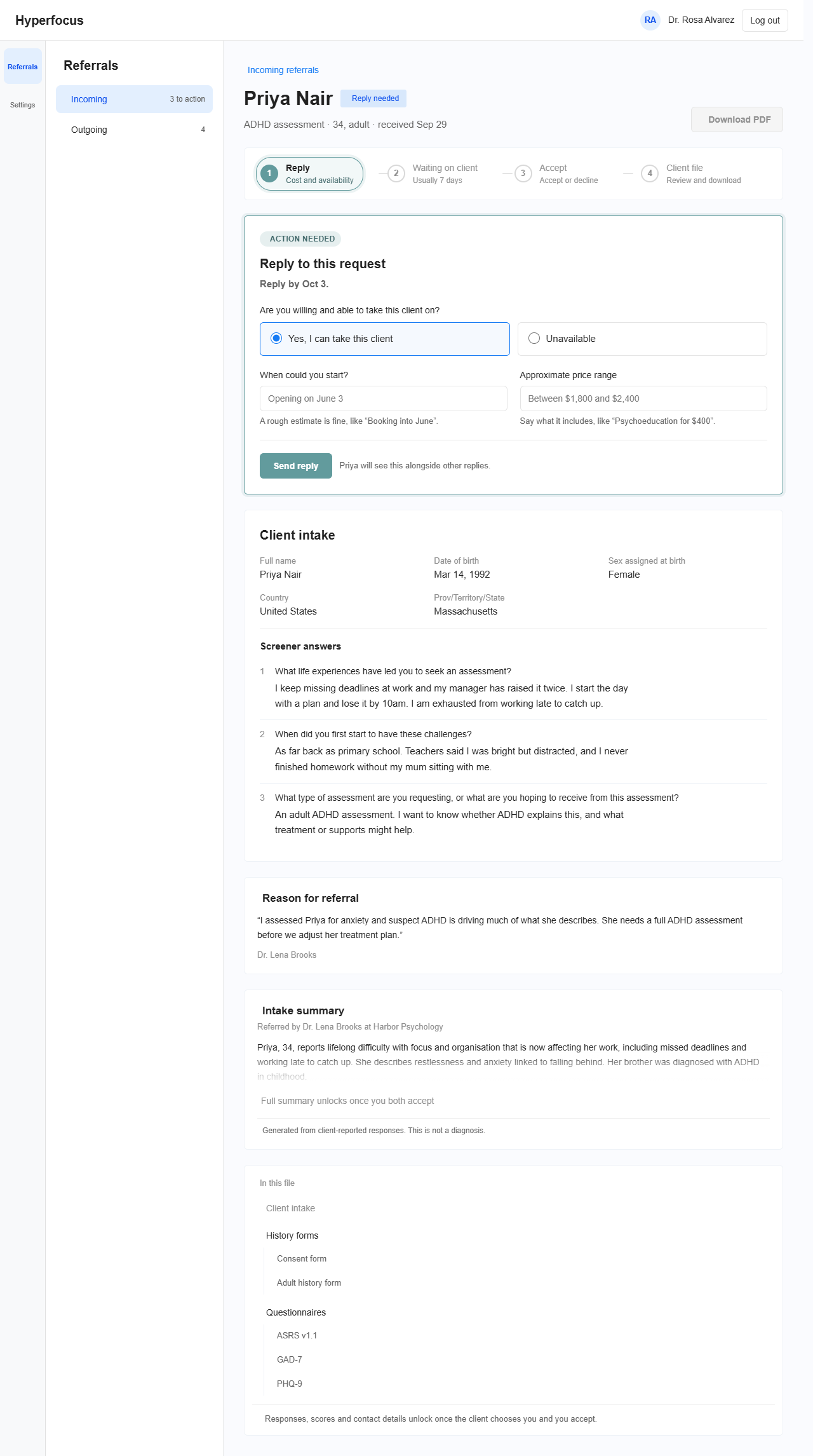 Referral app showing an incoming referral for Priya Nair with a reply form, client intake, and screener answers